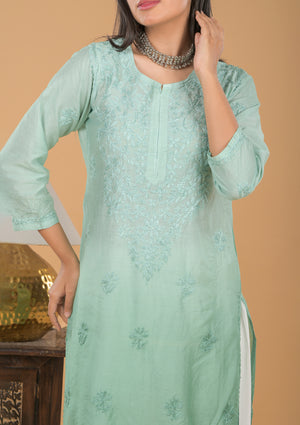 Chanderi Ombre Chikankari Long Kurta - Green