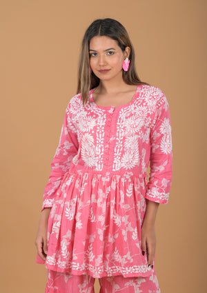 Mulmul Cotton Kurta & Palazzo Chikankari Set - Pink