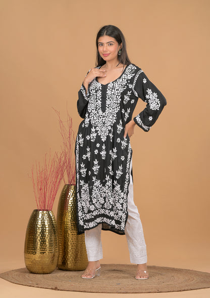 Modal 3D chikankari Long Kurta- Black
