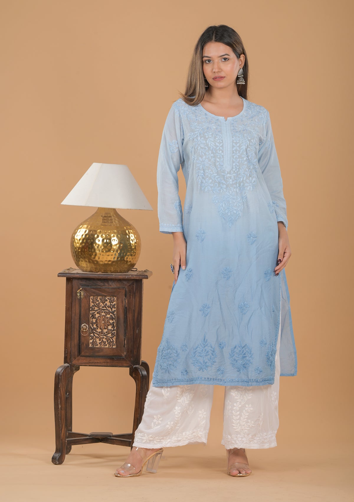 Chanderi Ombre Chikankari Long Kurta - Blue
