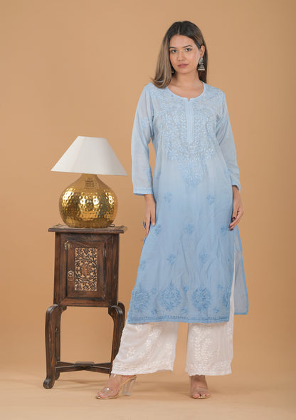 Chanderi Ombre Chikankari Long Kurta - Blue