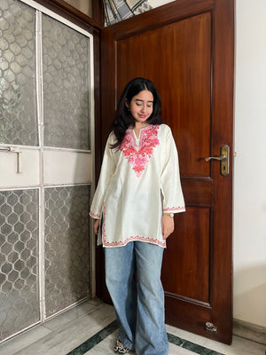 Trisha Kashmiri Short Cotton kurti- White