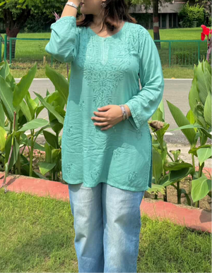 Tisha Rayon Chikankari Short Kurti- Teal