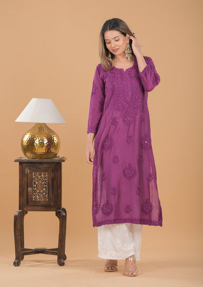 Chanderi Mukaish Chikankari Long Kurta - Purple