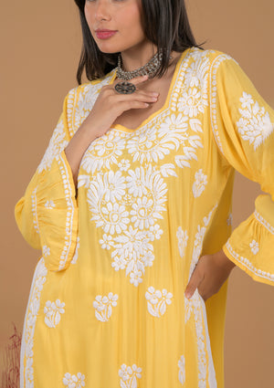 Modal 3D Chikankari Long Kurta- Yellow