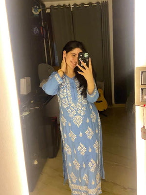 Jiya Rayon Chikankari Long Kurta- Blue