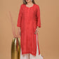 Chanderi Chikankari Long Kurta- Red