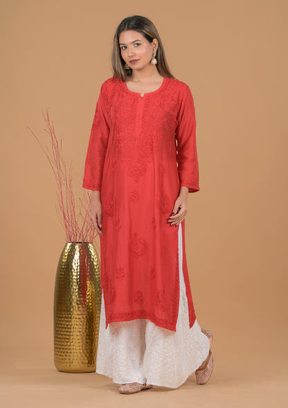 Chanderi Chikankari Long Kurta- Red