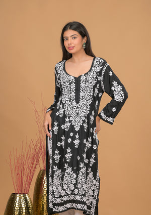 Modal 3D chikankari Long Kurta- Black