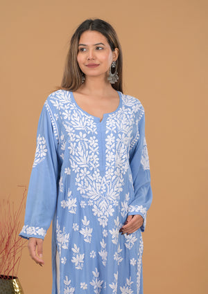 Modal 3D Chikankari Long Kurta- Blue