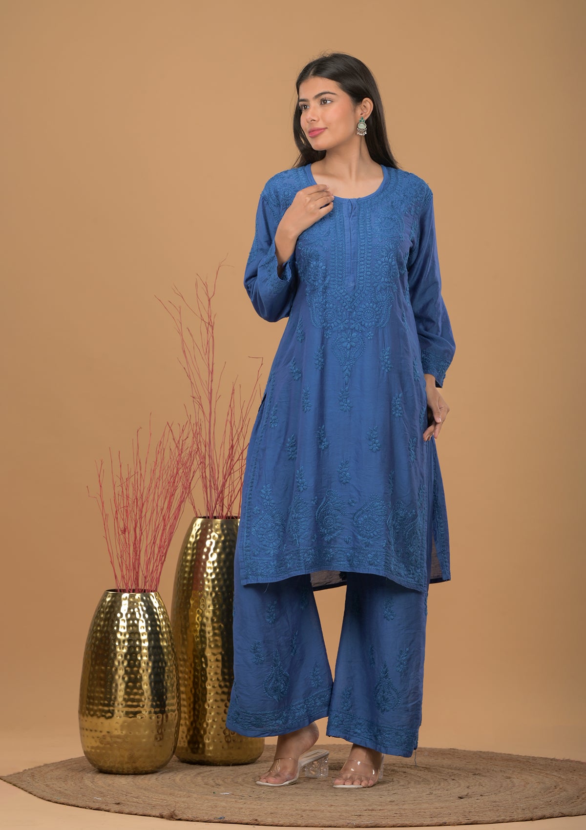 Chanderi Chikankari Kurta Palazzo - Blue