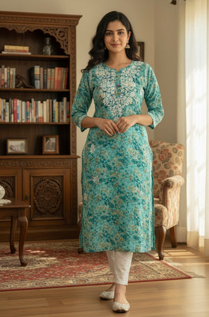 Disha mulmul chikankari Kurti- Teal