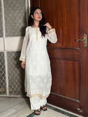 Kota cotton white Chikankari Kurta with cotton inner