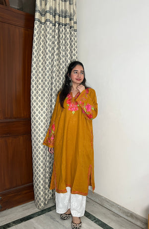 Firoza Kashmiri Aari Woollen Pheran- Yellow