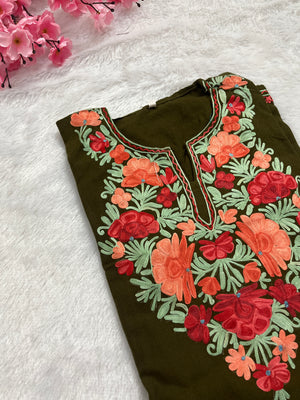 Risha Aari Woollen Pheran- Olive green