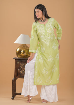 Chanderi Chikankari Long Kurta - Green