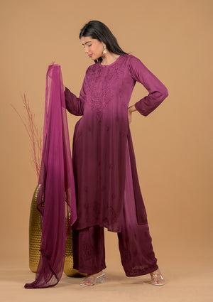 Rayon Chikankari Women's 3 PC Long Kurta Set - Purple