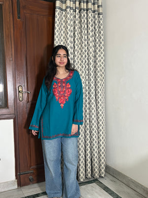 Soha Kashmiri Short woollen Kurti- Teal Blue