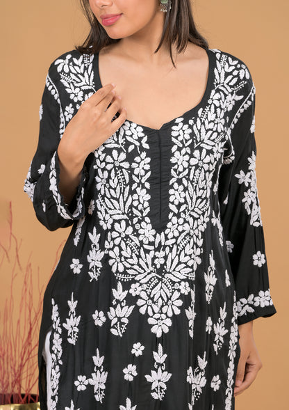 Modal 3D chikankari Long Kurta- Black