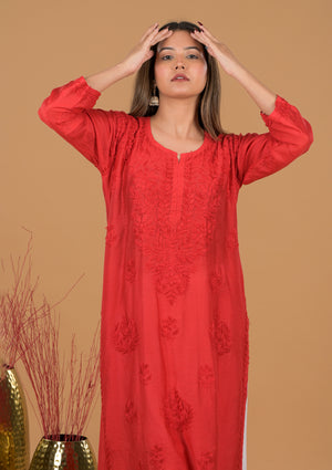 Chanderi Chikankari Long Kurta- Red