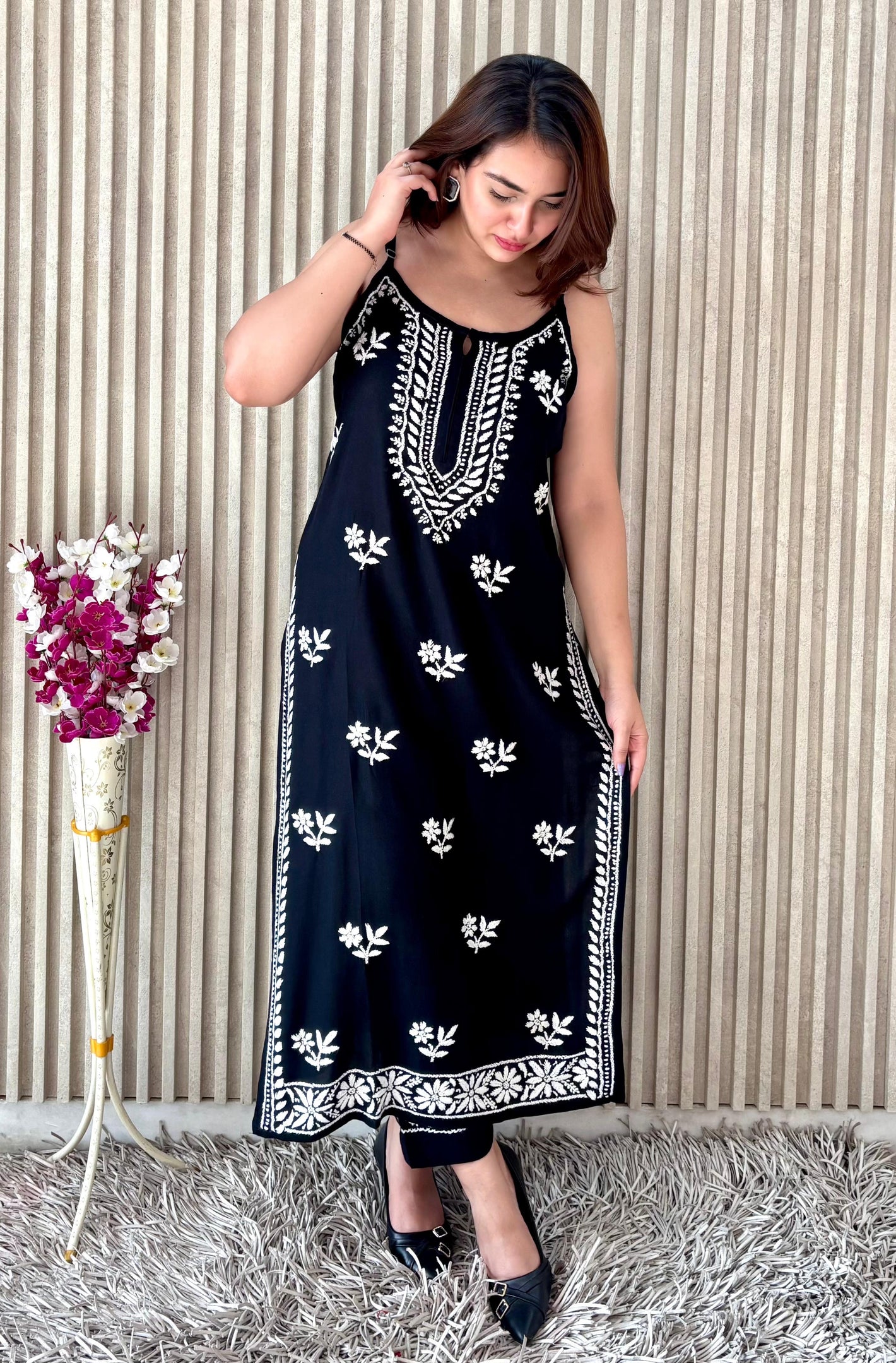 Rayon noodle strap kurta set- Black