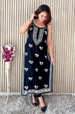 Rayon noodle strap kurta set- Black