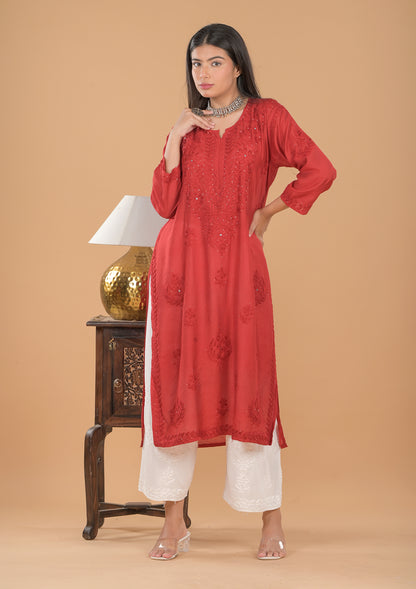 Chanderi Mukaish Chikankari Long Kurta - Red