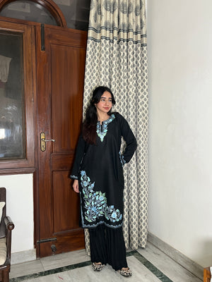 Zoha Kashmiri wool long kurta- Black