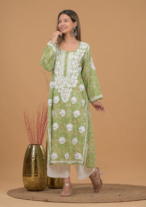 Mulmul Cotton Print 3D Chikankari Kurta- Green