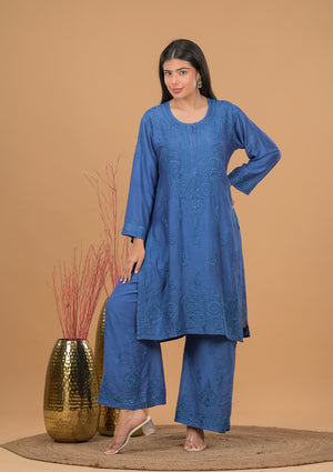 Chanderi Chikankari Kurta Palazzo - Blue