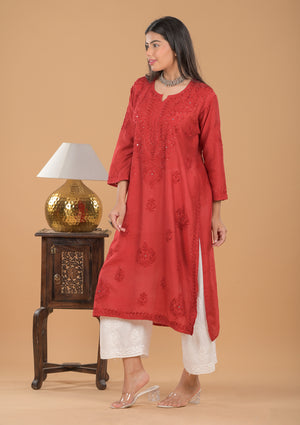 Chanderi Mukaish Chikankari Long Kurta - Red