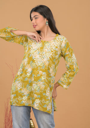 Mulmul Cotton Print Short Kurta- Green