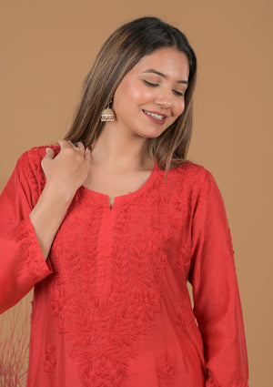Chanderi Chikankari Long Kurta- Red