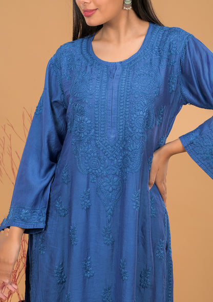 Chanderi Chikankari Kurta Palazzo - Blue