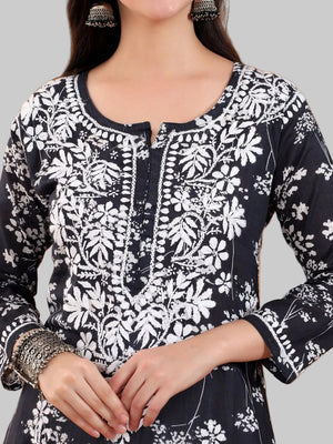 Mulmul Cotton Print Chikankari Kurta- Black