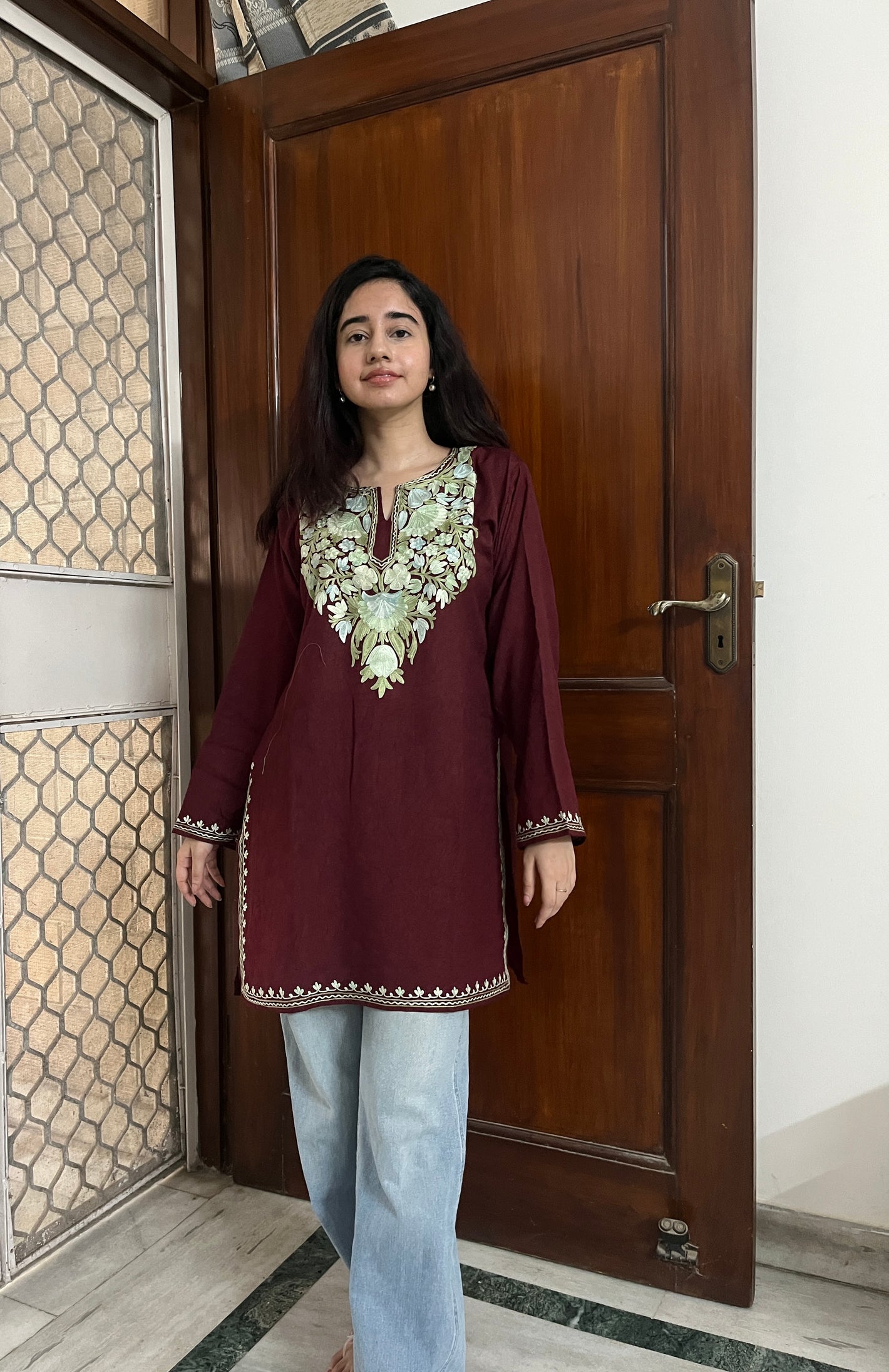 Kashmiri Short Cotton kurti- Maroon