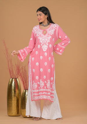 Modal 3D Chikankari Long Kurta- Pink
