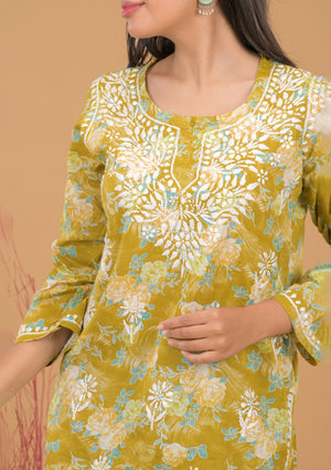 Mulmul Cotton Print Short Kurta- Green