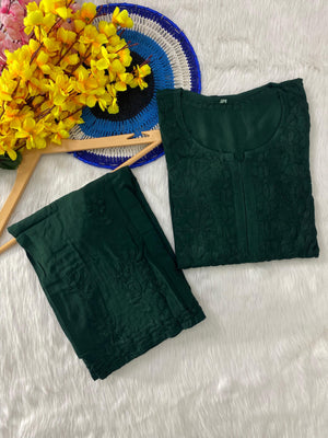 Aisha Rayon Chikankari kurta palazzo set- Dark Green