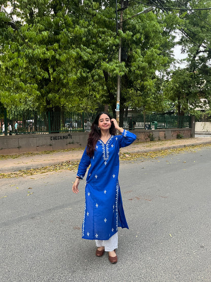Tisha Cotton Chikankari Long Kurta- Blue
