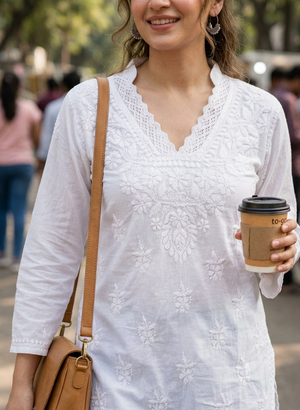 Ishita mulmul cotton short kurta - white