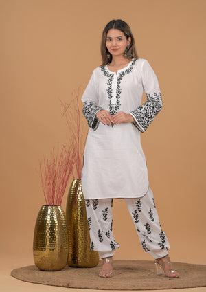 Cotton Chikankari Kurta Afgani Set- White