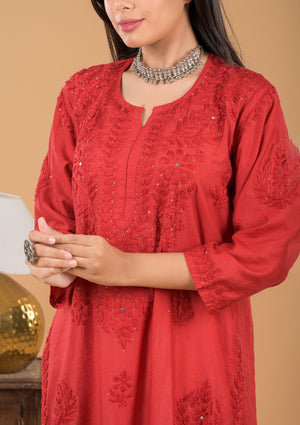 Chanderi Mukaish Chikankari Long Kurta - Red