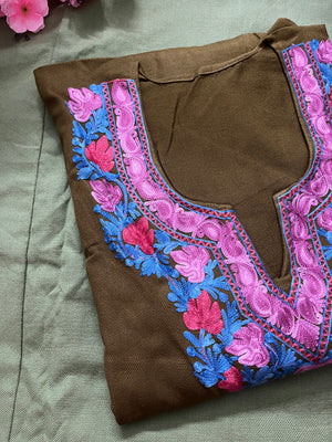 Noor Aari Woollen Pheran- Olive green