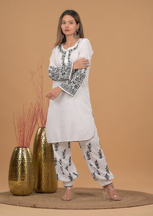 Cotton Chikankari Kurta Afgani Set- White
