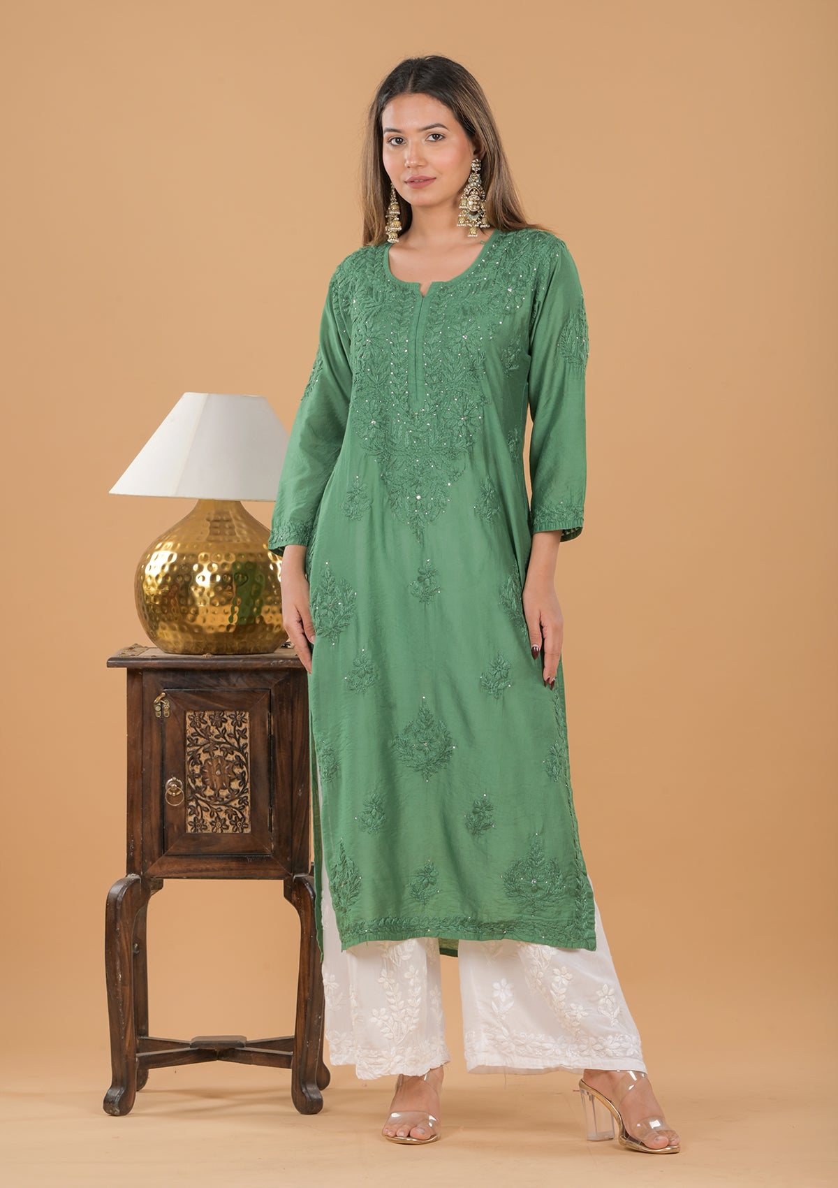 Chanderi Mukaish Chikankari Long Kurta - Green
