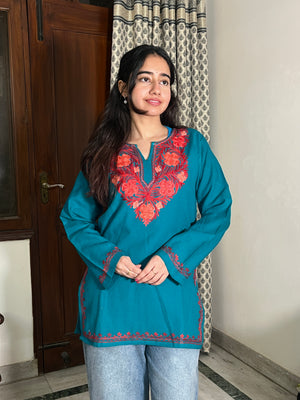 Soha Kashmiri Short woollen Kurti- Teal Blue