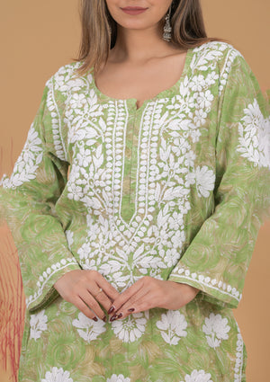Mulmul Cotton Print 3D Chikankari Kurta- Green