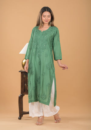 Chanderi Mukaish Chikankari Long Kurta - Green