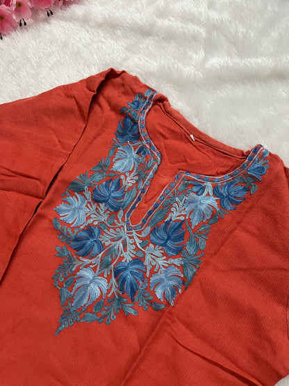 Ziya Kashmiri Short woollen kurti- Rust red